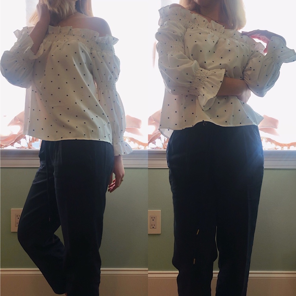 Polka Dot Off the Shoulder Ruffled Long Sleeve Top